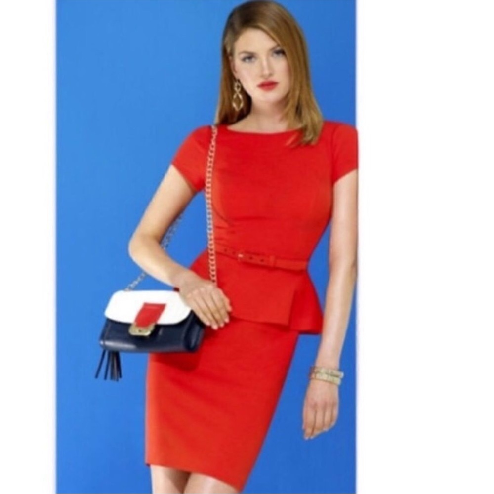 Cache red orange cap sleeve peplum belted waist dress size 0 NWT